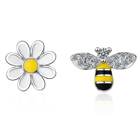 NEW 925 SILVER BEE SUN FLOWER DIAMOND EARRINGS, NICE EARRINGS, CUTE EARRINGS - Picture 2 of 8